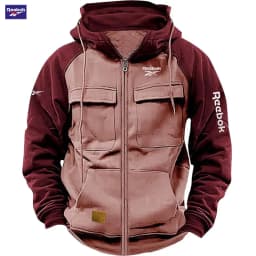 2026 Reebok New Autumn-Winter Men's Hooded Patchwork Casual Sweatshirt, Loose-Fit Fashionable Youth Multi-Pocket Padded Hoodie