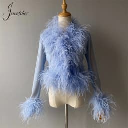 Jxwatcher Women's Sexy Mesh Feather Tops Spring Summer Ladies Vintage Celebrity Real Ostrich Feather Coat Fashion Party Wear New