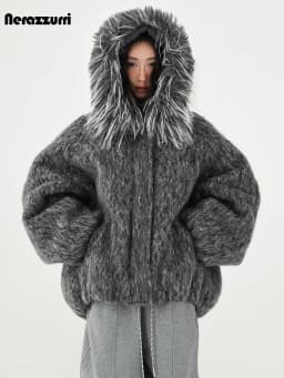 Nerazzur Autumn Winter Warm Thick Grey Oversized Quilted Blends Coat for Women with Faux Fur Trim Hood Loose Casual Woolen Coat
