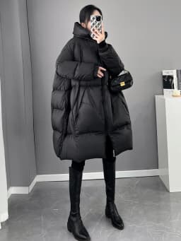 Black White Hooded down jacket for women Winter Oversized Thick warm Pockets puffer coat Lady Long Feathers Outwear INKEO 3O129
