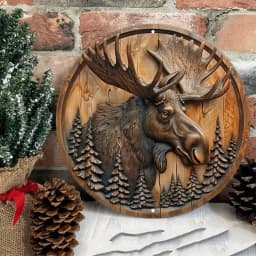 2D Rustic Wreath Circular Wall Decor 1pc - Moose & Pine Trees Wood Carving Design, Waterproof Aluminum Sign for Outdoor Use