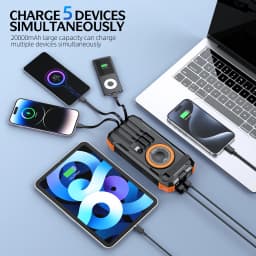 Hand Crank Generator Solar Power Bank High Capacity, Wireless Charger with 4 Built-in Cables, , LED Light for Outdoor Emergency