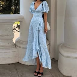 Elegant Women's Floral Printed Dress Slim V Neck Short Sleeve Waist Cinching Long Fishtail Dresses 2026 Summer Lady Party Robes