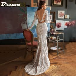 DREAM Customized Deep V Neck Lace Mermaid Wedding Dress Backless Long Sleeves Sweep Train Boho Bridal Gowns Custom Made Bohemian