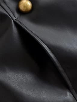 Women Stand Up Collar PU Jacket Chic Metal Buckle Faux Leather Black Jacket Leisure Double Breasted Long Sleeves Autumn Outfit