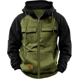 Model Retro Workwear Hooded Sweatshirt, Men's Zipper solid-color Warm Sports Shirt With Multiple Pockets Hooded Jacket