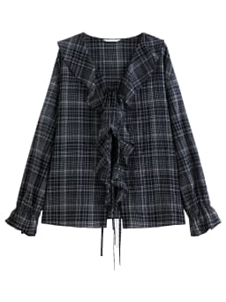 DUSHU 2026 Fall Women's V-Neck Plaid Long Sleeve Blouse with Ruffle Trim and Drawstring Waist - Fashion Forward Office Wear