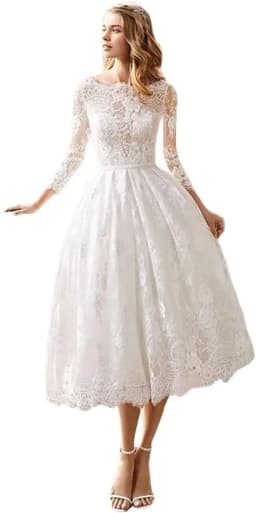 Customized Elegant 3/4 Sleeves A Line White Wedding Dresses for Bride Women Simple Tea Length Lace Romantic Boho Bridal Gowns
