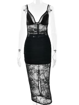 JULISSA MO Patchwork Sexy Sheer Lace Women Maxi Dress Black Spaghetti Strap V-neck Dress Spring Slim Elegant Party Evening Dress
