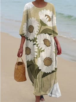 Spring Summer New Short-sleeved Casual Printed Dresses For Women's Retro Loose O Neck Female Small Fresh Holiday Robe Dress 2026