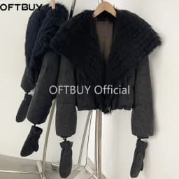 OFTBUY Duck Down Coat with Matching Gloves New Winter Warm Outerwear with Real Fox Fur Women Luxury Wool Blend Puffer Jacket