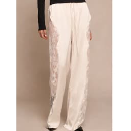Casual Lace Satin Patchwork Pants Women Sexy See Through High Waist Lace Up Straight Trousers Spring Summer Lady Chic Trousers