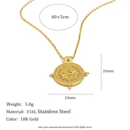 E.B.belle Frosted Surface Acient Sun Compass Pendant Necklace For Woman Ladies New Stee PVD Plated Coin Necklace Gold Jewelry