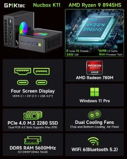 GMKtec K11 AMD Ryzen 9 8945HS Gaming Mini PC Windows 11 Pro Radeon 780M DDR5 5600MHz M.2 2280 SSD WIFI6 BT5.2 Gamer Computer