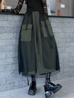 [EAM] High Elastic Waist Army Green Mesh Spliced Wide Leg Pants New Trousers Women Fashion Tide Spring Autumn 2026 1DJ3276