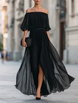Spring Summer Off Shoulder High Waist Long Dress Casual Short Sleeved Holiday Dress Ladies Temperament Solid Color Chiffon Dress