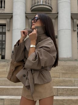 Plaid Windbreaker Grid Jacket Lapel Collar Double Breasted Trench Woman Coat Waist Tie Belt Long Sleeve Short Top Casual Clothes