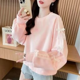 Fall New Design Lace Splicing  Knot Embroidered Sweatshirt Korean Style Fashionable Top Women's Loose Fit Pullover
