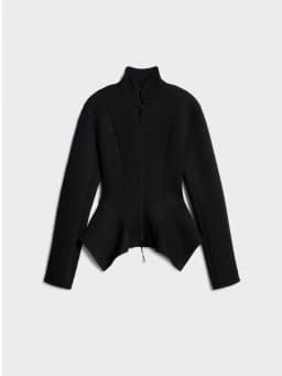 IG Women Stand Collar Zip Up Jacket Elegant Slim Waist Peplum Blazer Long Sleeve Solid Black Irregular Hem Outerwear Fashion