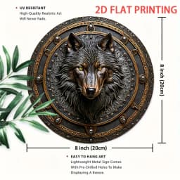 2D Flat, Wolf Head Emblem Metal Shield Wall Decor - 8 Inch Round Wrought Iron Wolf Head Sign, HD 2D Printed Door-Mounted Emblem