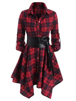 Women Red Plaid Belted Roll Tab Sleeve Handkerchief Dress Grunge Gothic Casual Dresses Vestidos Button Up Long Sleeve Streetwear