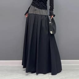 Y2k Pleated Skirt Women Long Skirts Denim Patchwork High Waist Washed Distressed Vintage Floor Length 2025 Streetwear A Line
