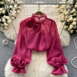 Sexy Puff Sleeve Long Sleeve O-Neck 3D Floral Pleated Blouse Slim Elegant Fashion Basic Chic Spring Summer Women Chiffon Shirt