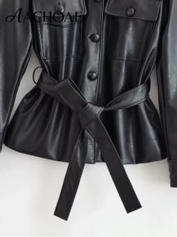 AACHOAE Women PU Leather Jacket Belted Waist Coat Stand Collar Button Front Long Sleeve Casual Vintage Faux Leather Outerwear