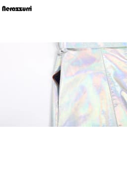 Nerazzurri Autumn Extra Long Windproof Waterproof Shiny Reflective Silver Holographic Patent Faux Leather Coat Women with Hood
