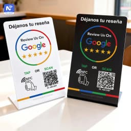 Spanish English QR Code NFC Standing Sign Google Review NFC215 Review Stand Click URL Unlimited Modification Editing QR Codes