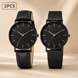 Luxury Simple Couple Watches Set 2Pcs Thin Round Dial Mesh Strap & Leather Band Quartz Wristwatches For Men Women Couple Gift