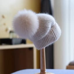 Winter Women's Real Fox Fur Pom-Pom Knitted Beanie Cap with Rabbit Fur Trim and Cashmere Touch
