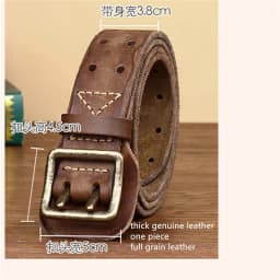 Men 2 Pin Buckle Top Real Full Grain Genuine Leather Belt 38 mm Double Needle Casual Jeans Belt