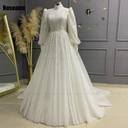 Muslim Exquisite A-line Wedding Dresses Draped Pleat Paillette Applique Lace Brush Train Floor Length Bride Dress robe de mariée