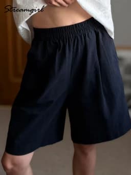 Summer White Bermuda Shorts For Women Loose A Line Lyocell Long Shorts Baggy Lady High Waist Women's Navy Wide Leg Shorts Cotton