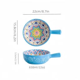 Bohemian Ceramic Hand-Painted Embossed Patterned Salad Bowl with Handle Kitchen Bakeware Microwave & Oven Safe 1 Pc