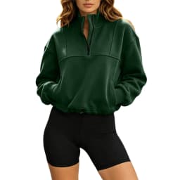 Women Half Zip Cropped Sweatshirt Stand Collar Long Sleeve Drawstring Hem Pullover With Pockets Loose Casual Y2k Cropped Hoodies