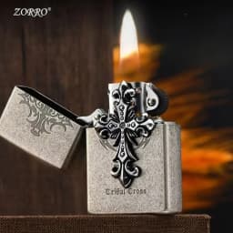 Zorro Kerosenes Windproof Lighter 3D Ancient Silver Cross Stamp Retro Grinding Wheel Design for Wholesale