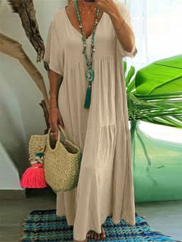 Plus-Size Women's Casual, Loose-Fitting, V-Neck Solid-Color Long Dress; Spring/Summer Pleated Plus-Size Women's Dress