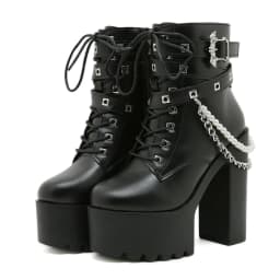 Gdgydh Women's PU Leather High Heel Platform Ankle Boots Fashion Chain Stylish Gothic Punk Lace-Up Chunky Heel Booties with Zip
