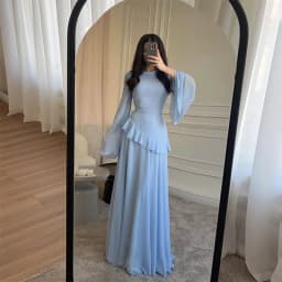 Women Solid Ruffle Chiffon Long Dress Elegant O-Neck Flare Sleeve Slim Maxi Dress 2026 New Lady Wedding Guest Evening Party Robe