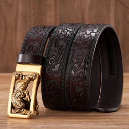 Fashion Tiger Buckle with Tang Grass Pattern Split Leather Belt for Men Work of Art Belt Automatic Buckle Business Belt
