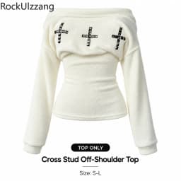 Y2K Cross Stud Women 2 Piece Set Off Shoulder Long Sleeve Fuzzy Top Low Rise Shorts Streetwear Top or Shorts Club Outfit Party