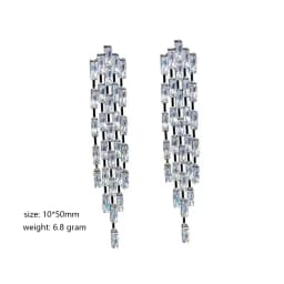 Luxury Sparking Rectangular Crystal Zircon Long Tassel Clip on Earrings for Women Bridal Wedding Without Piercing Jewelry