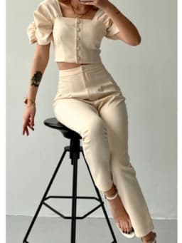 Elegant Women's Office Two Piece Sets Summer Fashion Solid Square Collar Single Breasted Short Sleeve Top & Long Pants Suit