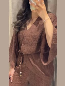 Tie Front Textured Women Set V-Neck Loose Set Wide Sleeve Drawstring Pants Casual Lounge Solid Color 2 Piece Outfits For Daily