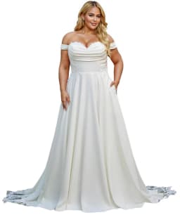 Elegant Off Shoulder Satin Wedding Dresses for Bride with Pockets Corset A Line Bridal Gown with Train