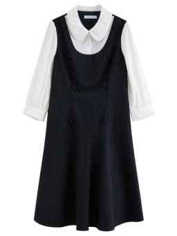 DUSHU 2026 Fall Women's Chic Preppy Faux Two-Piece Long Sleeve A-Line Dress with Waist-Defining Fit for Daily and Office Wear