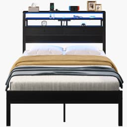 MCQ Basic Bed Frame Metal Platform with Storage LED Charging Station Headboard Sturdy Steel Slat Support All Size Bedroom Bed For Home