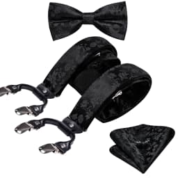 Burgundy Black White  Mens Suspender Adjustable 6 Clips Jacquard Braces Bowtie Hanky Cufflinks Set Silver Gold